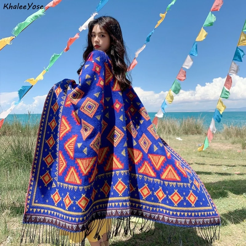 KHALEE YOSE Boho Pattern Knitted Capes Cloak Cardigan Ethnic Floral Chic Vintage Autumn Winter Holiday Cape Shawl Warm Poncho