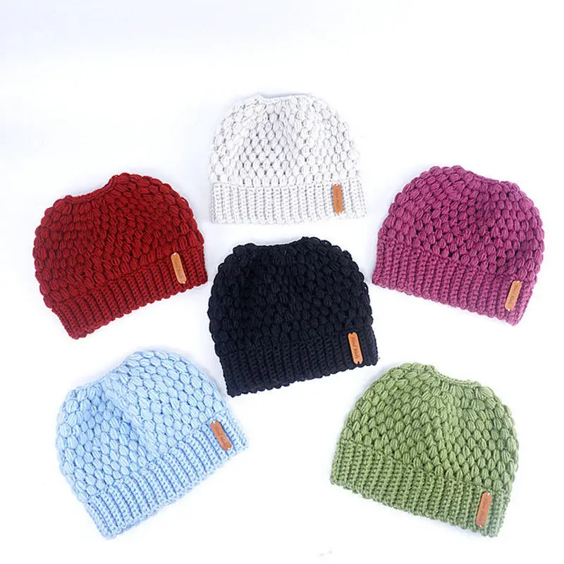 Women Girls New Autumn Winter Warm Empty Top Hat Messy High Bun Ponytail Beanie Stretch Knit Colorful Hole Cap Hot Fashion