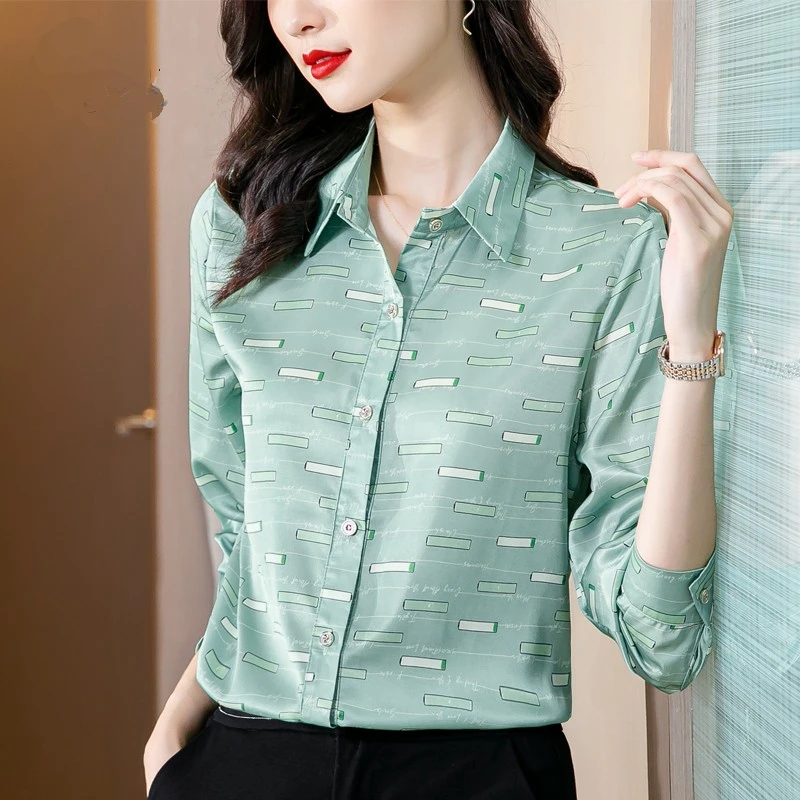 Casual Striped Shirts Women Satin Silk Blouse Elegant OL Office Ladies Green Print Work Shirt Fashion Female Tops Spring Autumn