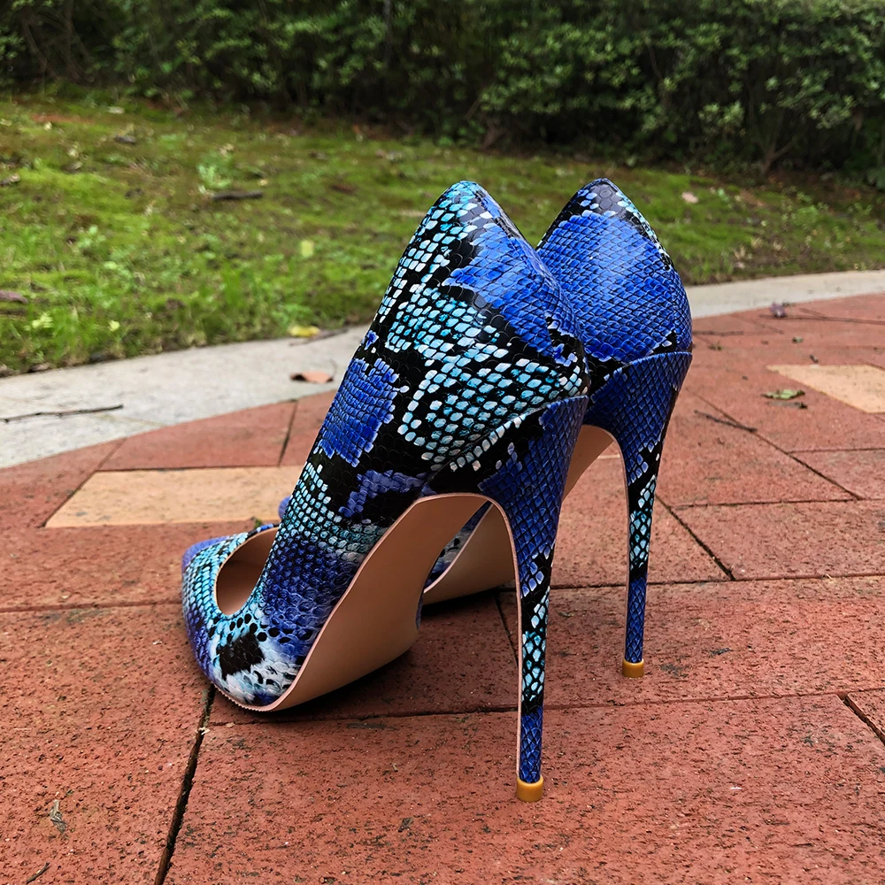 Tikicup Blue Python Pattern Women Sexy Extremely High Heel Shoes Ladies Chic Pointed Toe Stiletto Pumps Small Size 33 43 44 45