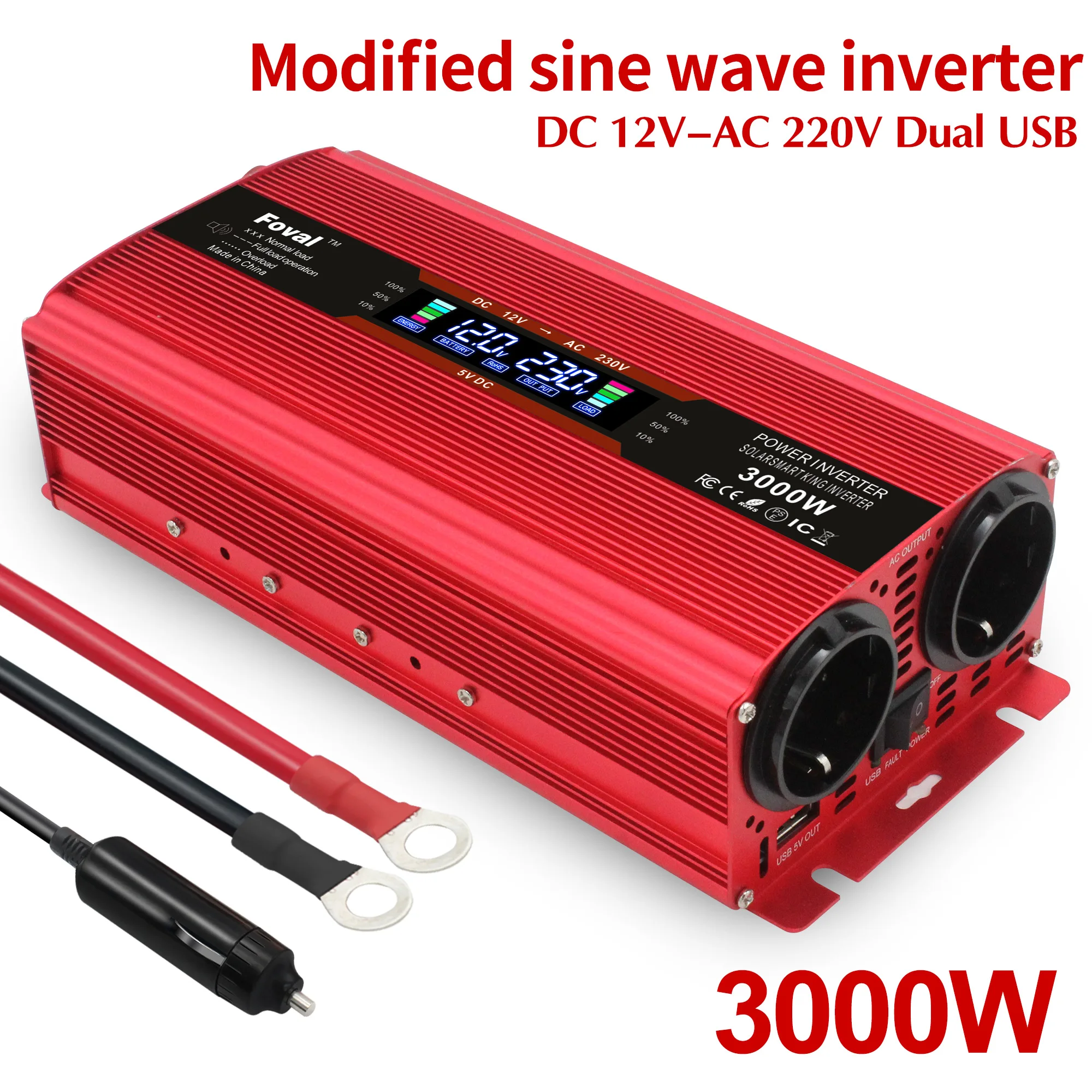 3000W Multifunctional Car Inverter 12V /24V To 220v Cigarette Lighter Plug Dual EU Socket With LCD Display