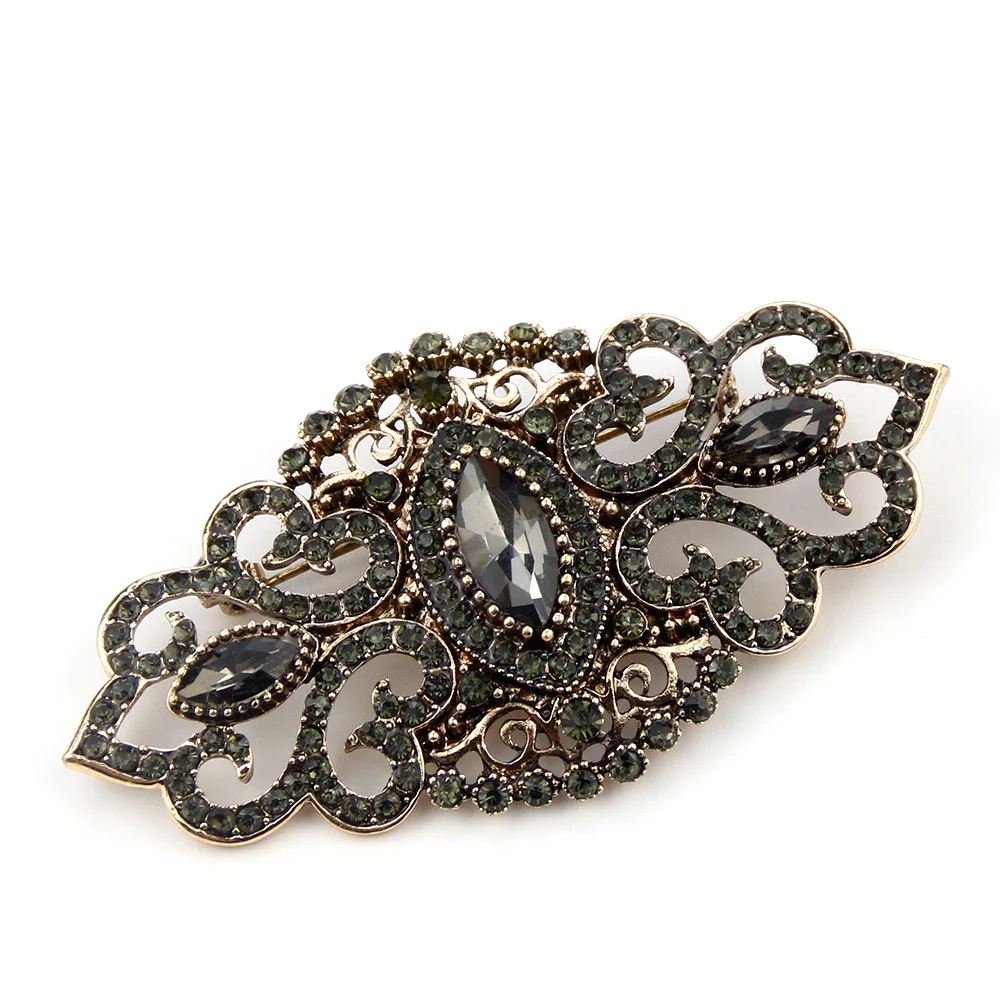 Sunspicems Indian Turkish Flower Crystal Women Brooch Antique Gold Color Morocco Caftan Brooches Banquet Jewelry Hijab Scaft Pin