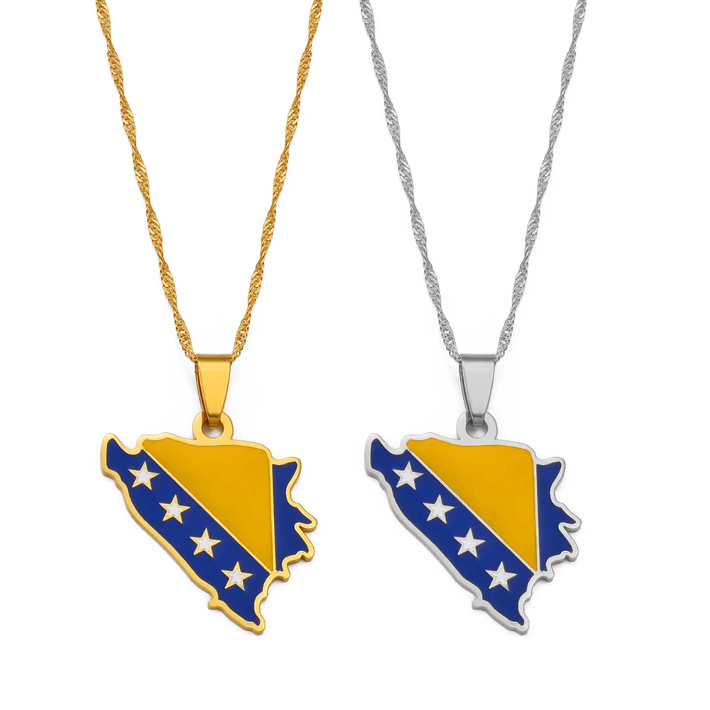 Anniyo Bosnia and Herzegovina Map Flag Pendant Necklaces Women Girls Charm Bosna Hercegovina Maps Jewelry #258721