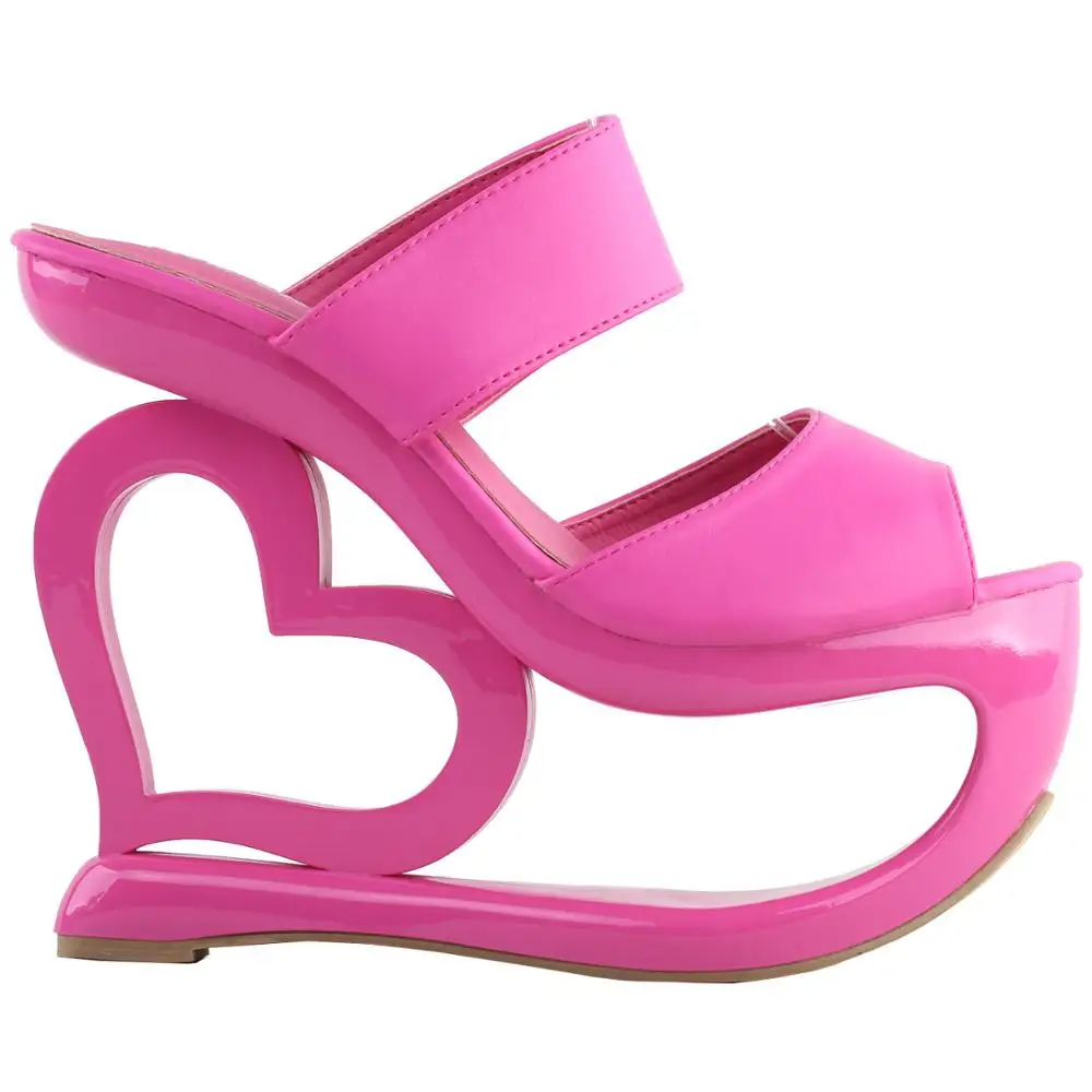 LF40220 SHOW STORY Retro Pink Open Toe Heart Heel Wedge Wedding Evening Slip-ons Sandals