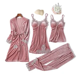 Casual Velour Home Clothing 4pcs Sleep Set Intimate Lingerie Women Pajamas Suit Long Sleeve Lace Velvet Homewear Pyjamas