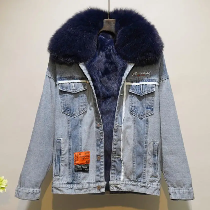 2023 new  velvet parka women's fashion winter clothes loose thick rabbit fur liner denim jacket ladies warm winter coat