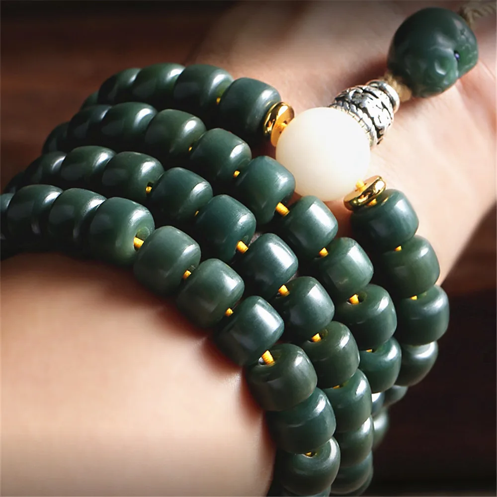 7*9mm Original Natural Green Bodhi Seed 108 Beads Mala Bracelet Buddha Charm Long Tassel Sweater Chain Prayer Yoga Necklace