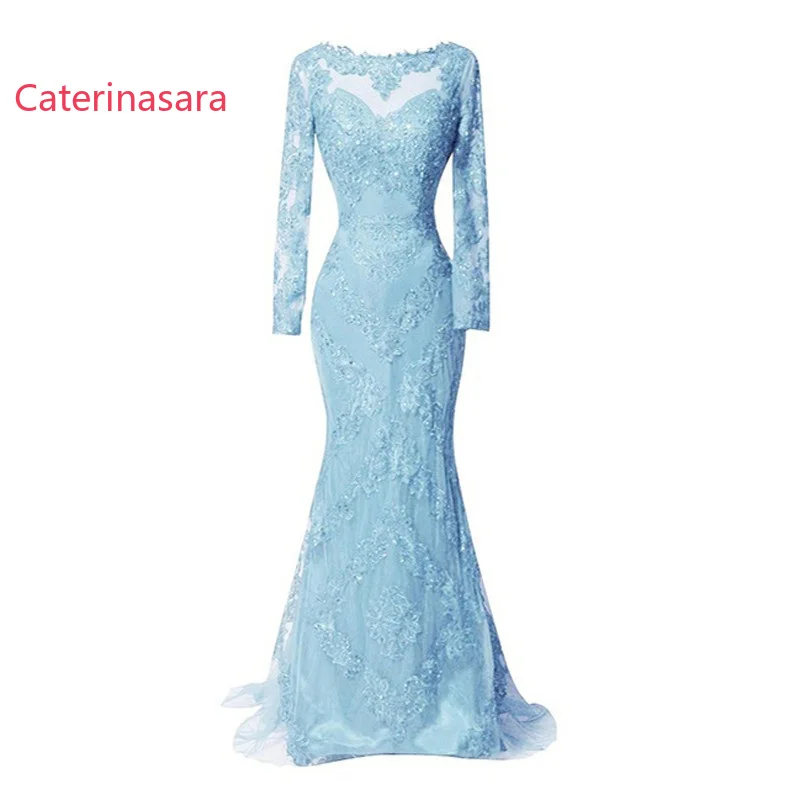 Real Photos Blue Long Sleeves Formal Evening Dresses 2021 Lace Appliques Mermaid Prom Dress Elegant Long Sweep Train Party Gowns