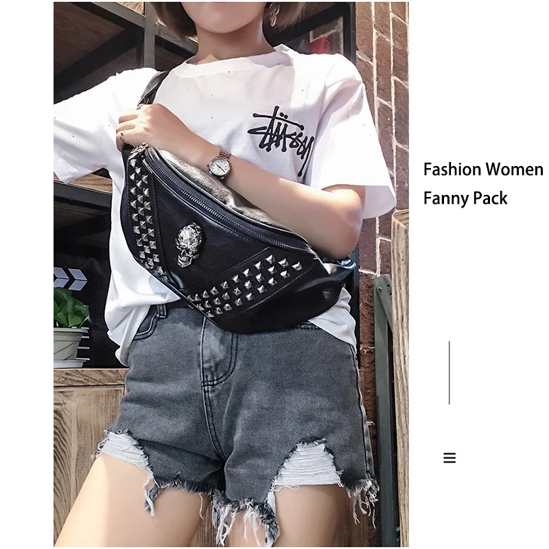 Mihaivina Punk Rivet Skull Men Waist Bag Women Black Fanny Pack Leather Chest Bags Female Shoulder Messenger Bag Bum Bags