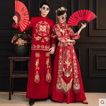 Cheongsam chinois traditionnel brodé pour couple, robe qipao vintage pour mariée élégante, dragon phénix, mariage imbibé