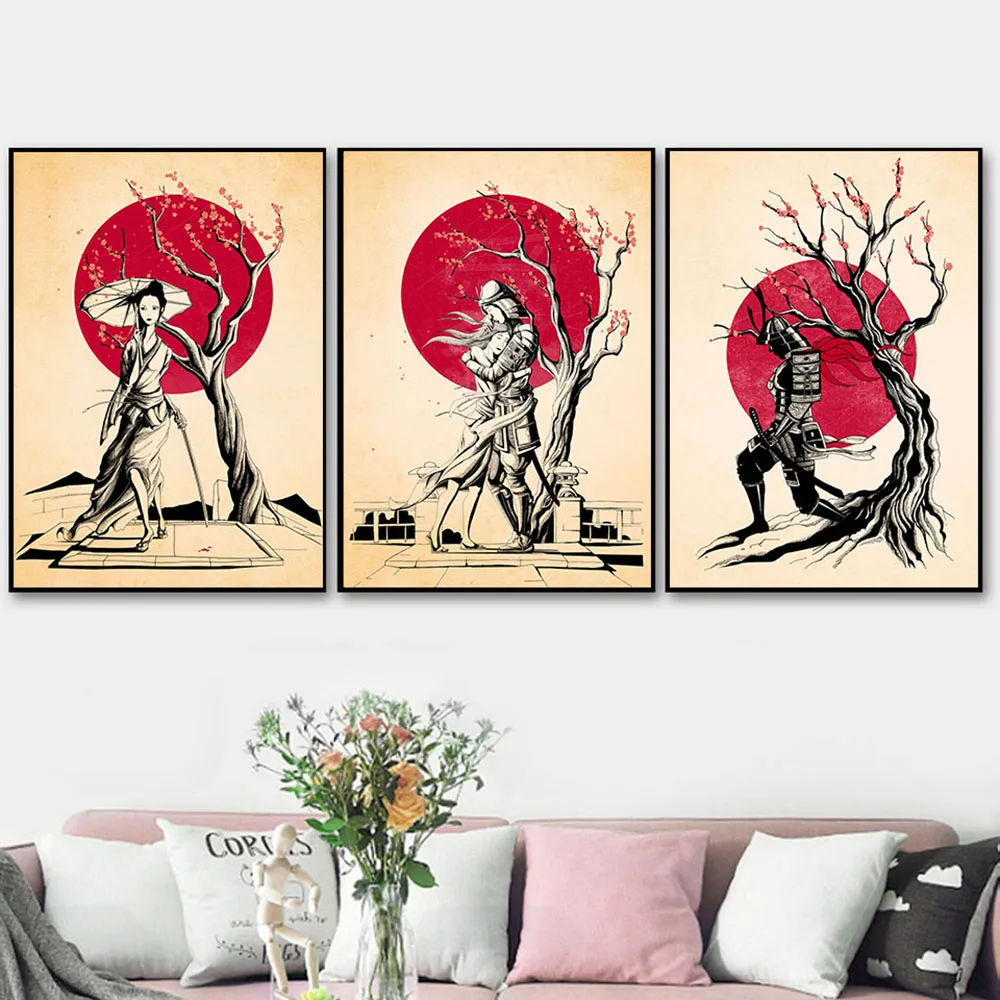 Noedic Poster and Print Ninja Geisha Lovers Under The Cherry Tree At Dusk Canvas Painting Abstract Wall Pictures for Home Decor