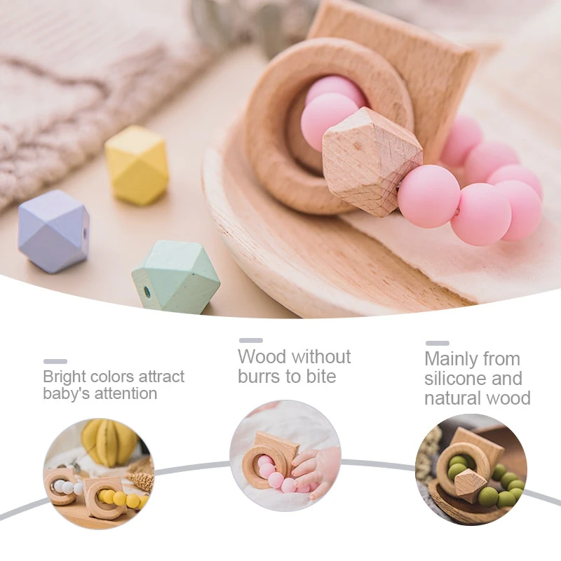 1PC Baby Toys Geometric Circle Wooden Nursing Bracelets Silicone Beads Teethers Baby Rattle Stroller Accessories Toys Gift