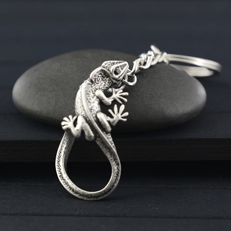 Vintage Silver Color Cute Crystal Eye Lizard & Chameleon Anime Keychain Metal Animal Key Chain Keyring Bag Charm Women Key Ring