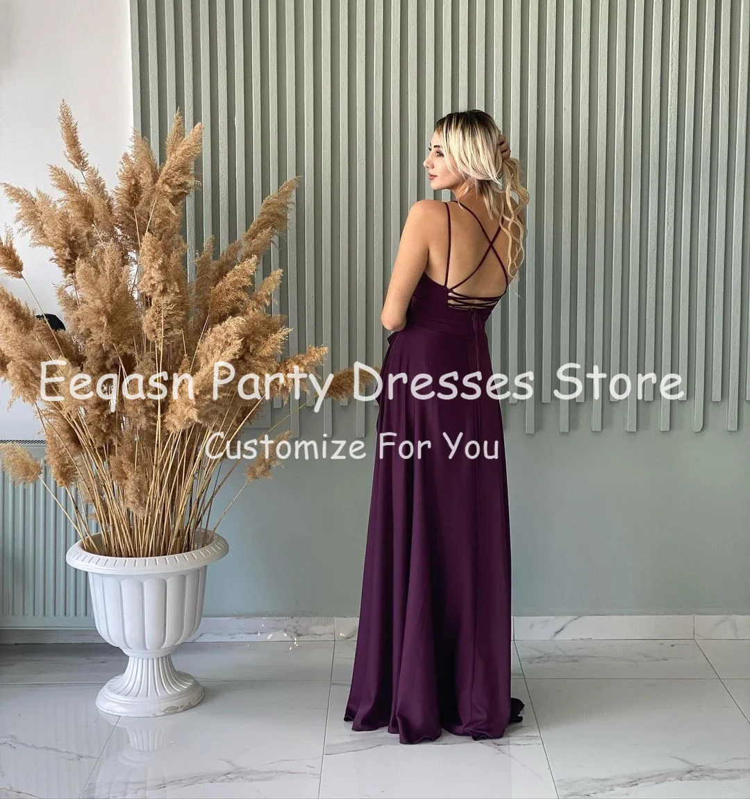 Eeqasn Classic Chiffon Bridesmaid Dresses For Wedding Party Pleated Straps Women Prom Gowns Slit Slide Formal Evening Dress