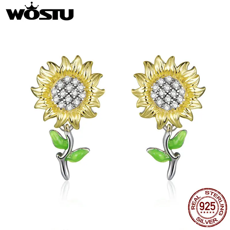 WOSTU Hot Sale Real 925 Sterling Silver Sunflower Exquisite Stud Earrings Stud for Women Trendy Sterling Silver Jewelry CQE919