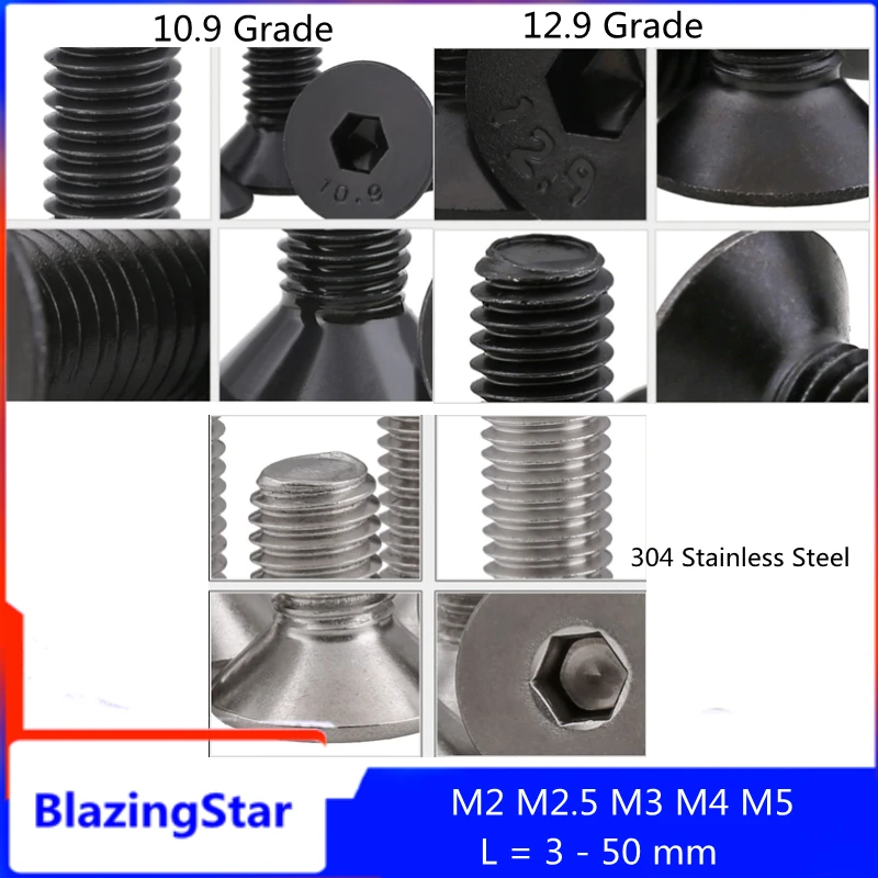 

Allen Key Head Din7991 M2 M2.5 M3 M4 M5 304 Stainless Steel 10.9 12.9 Black Hex Socket Flat Countersunk Head Screw Bolt L=3-50mm