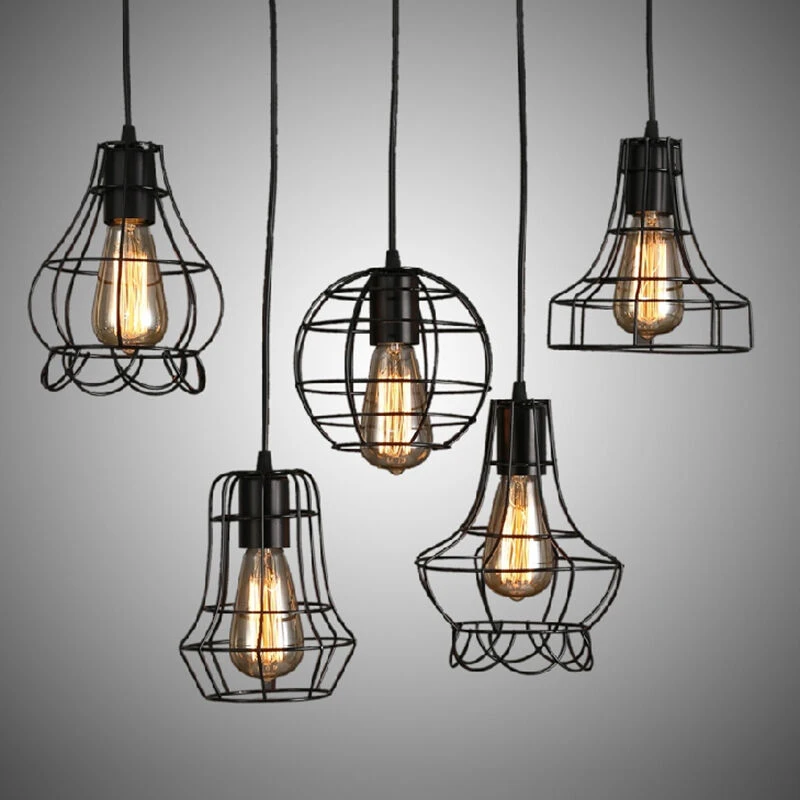 Abajur do Ferro do Fio do Metal Lustre Retro Gaiola da Lâmpada do Vintage Lâmpada Preta do Cair Abajur do Quarto Salão Romântico Moda