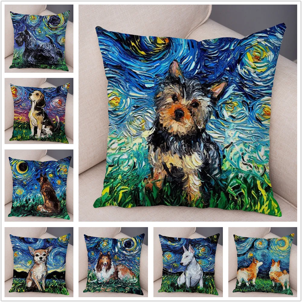 Colorful Pet Shepherd Dog Cushion Cover Pillow Case Pillow Covers Decor Oil Painting Cartoon Animal Short Plush Pillowcase 45x45