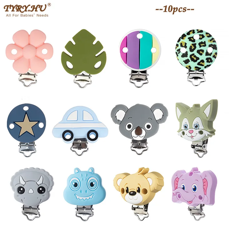 

TYRY.HU 10Pcs Silicone Pacifier Clips BPA-Free Fox Elephant Rainbow Flower Dummy Nipple Clip Baby Pacifier Chain Accessories