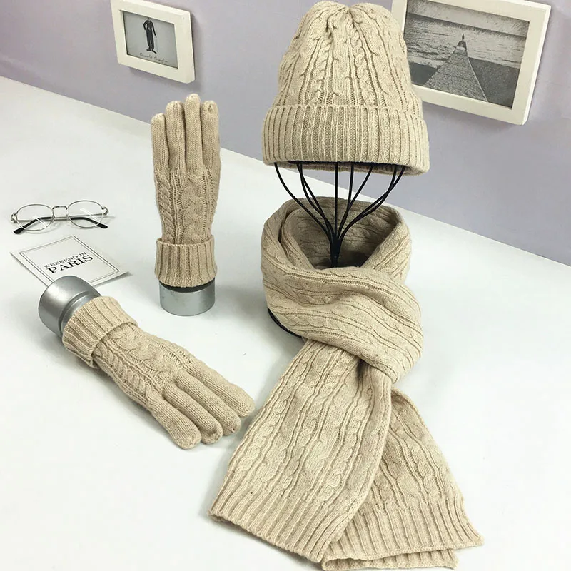 Dreiteilige Strickmützen, Schal, Handschuhe, Herbst und Winter, warm, modisch, Mütze, Mädchen und Jungen, dicke Wolle, modisch, 3-teiliges Set, einfarbig