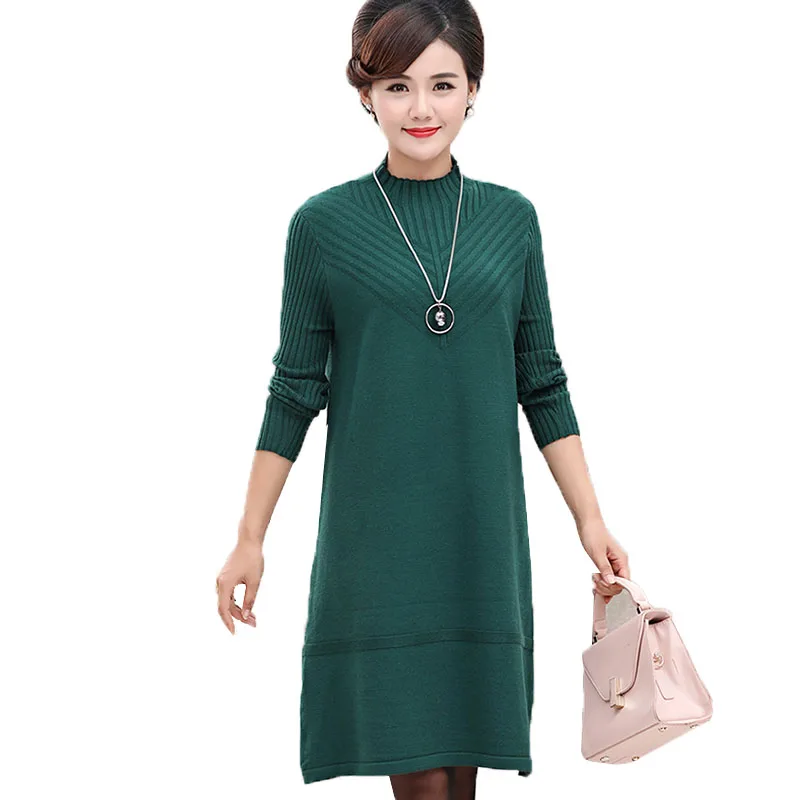 

2022 New Autumn Winter Women Knitted Dress Middle-aged and elderly Sweater Dresses Lady Loose Long Sleeve Vestidos Dress R175