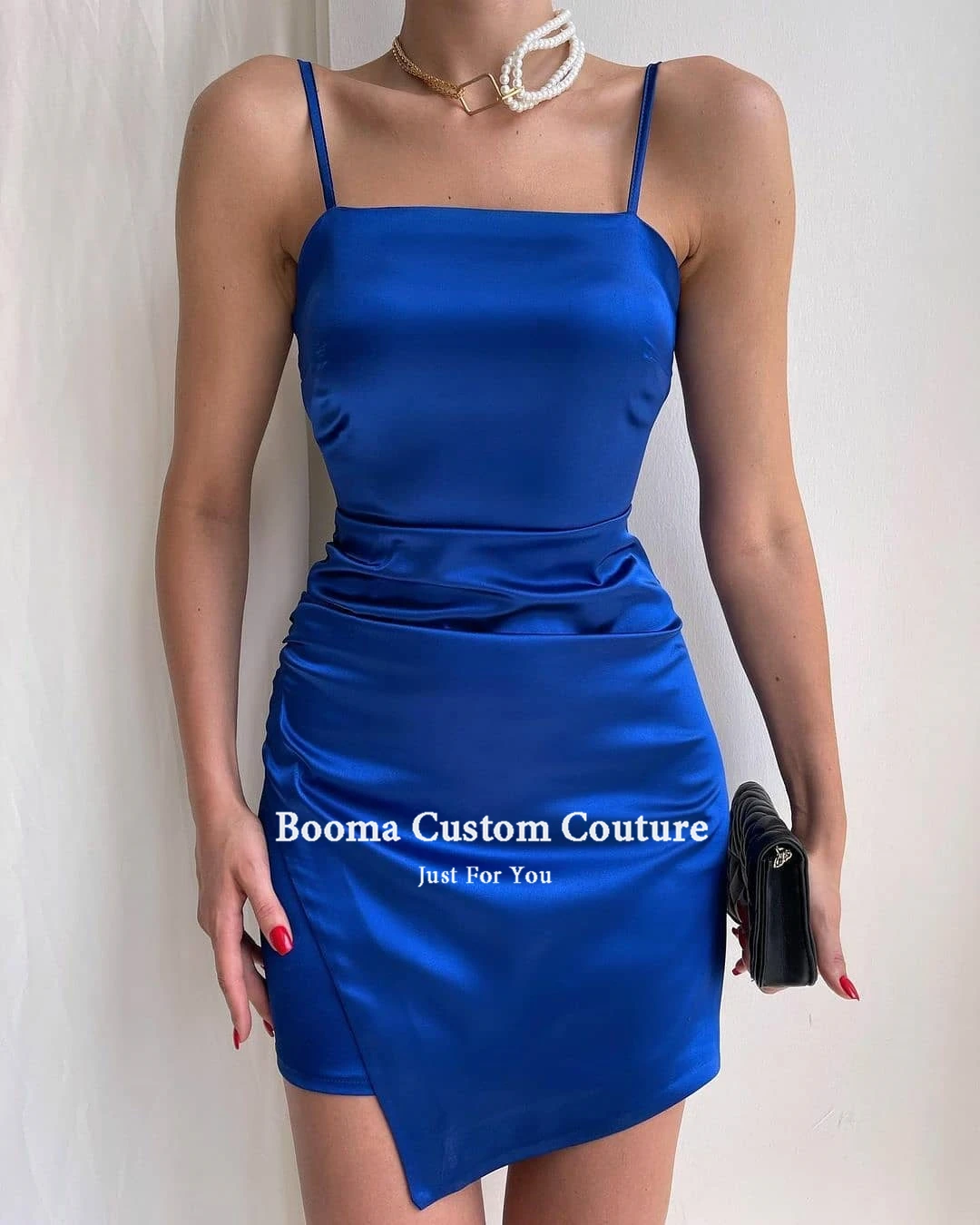 Booma Royal Blau Satin Cocktail Kleider 2021 Spaghetti-trägern Mini Clubbing Kleid Sexy Geraffte Spalte Formale Party Kleider