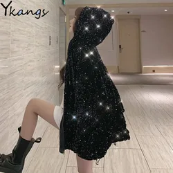 Fashion Sequin Long Sleeve Jacket Women Harajuku Casual Winter Warm Thick Outerwear Korean Luxury Large Size Pocket Coat Female