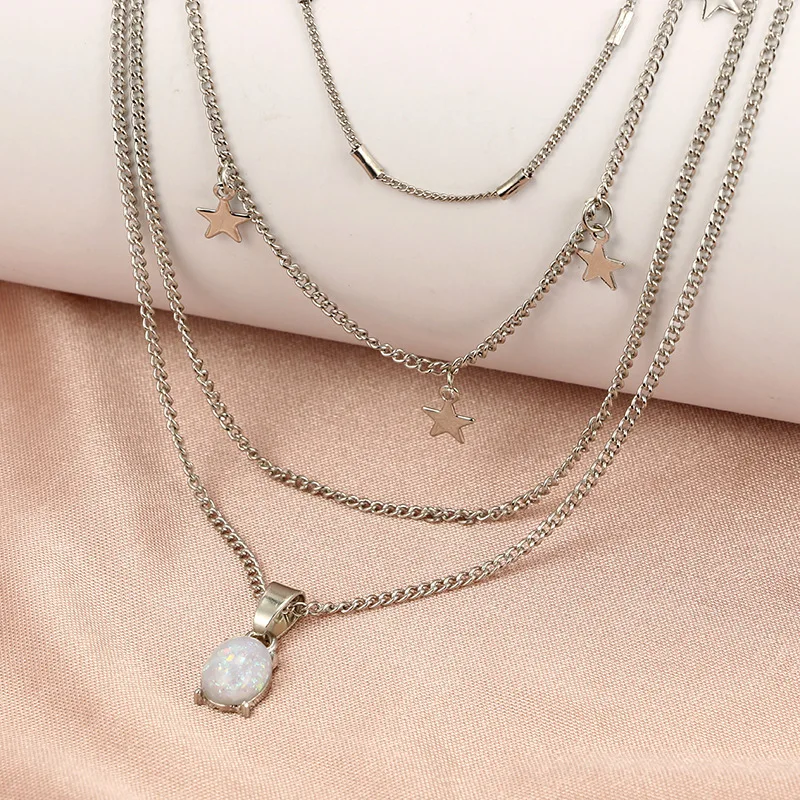 European And American Fashion Classic Beautiful Bohemian Simple Crystal Pentagram Geometric Oval Pendant Multilayer Necklace