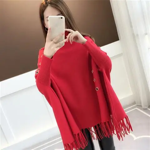 Bat sleeve loose knit sweater turtleneck cloak coat autumn and winter new sweater women\'s pullover shawl wear tassel tide