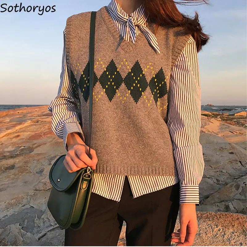 

Sweater Vest Women Argyle Chic Korean Preppy Style Simple Knit V-neck All-match Teens New Stylish Slim Sleeveless Sweaters Ins