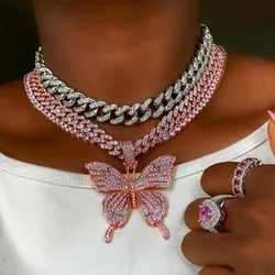 Fashion Bling Rhinestone Big Butterfly Pendant Necklace for Women Pink Blue Crystal Cuban Chain Necklace Rapper Rock Jewelry