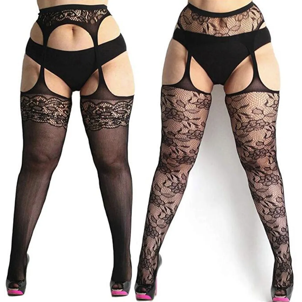 Women Black Stockings With Belt Set High Fishnet Tights Erotic Lingerie Sexy Pantyhose Floral Print Long Mesh Lace Stocking