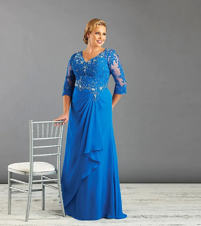 Plus Size Beaded Lace Royal Blue Mother of The Bride Dresses For Weddings 2019 Chiffon 3/4 Sleeve V Neck Groom Godmother Dresses