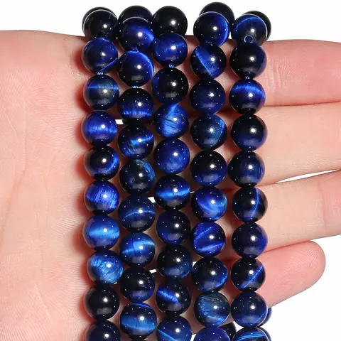 Cuentas de piedra Natural de ojo de tigre azul de 4mm-12mm, cuentas redondas espaciadoras sueltas para hacer joyería DIY, pulsera, accesorios hechos a mano de 15"