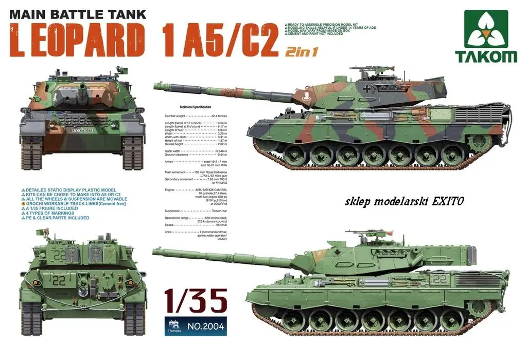 

TAKOM 2004 1/35 Scale MAIN BATTLE TANK LEOP ARD 1A5/C2 2in1 Plastic model kit