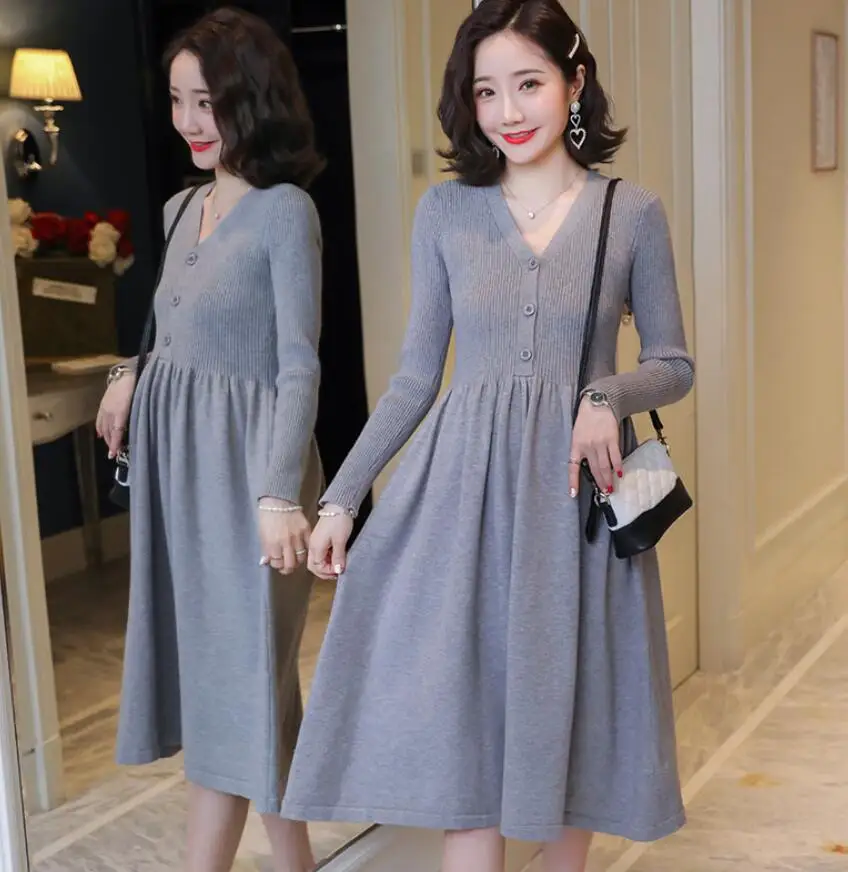 SHORHA 2019 Autumn Winter Korean Fashion Knitted Maternity Sweaters Dress  Elegant Slim Clothes for Pregnant Women Pregnancy