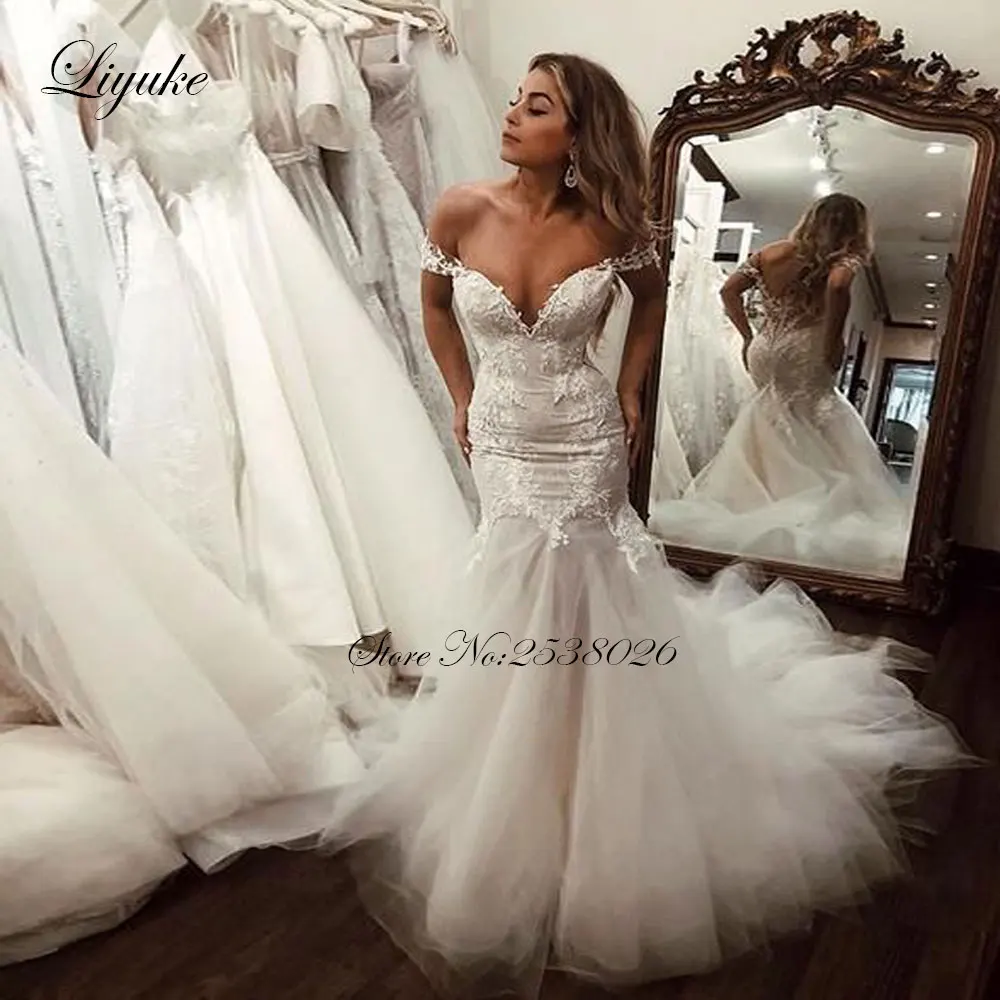 Liyuke Backless Of Empire Waistline Mermaid Wedding Dress With Off The Shoulder Straps Puffy Court Train vestido de noiva