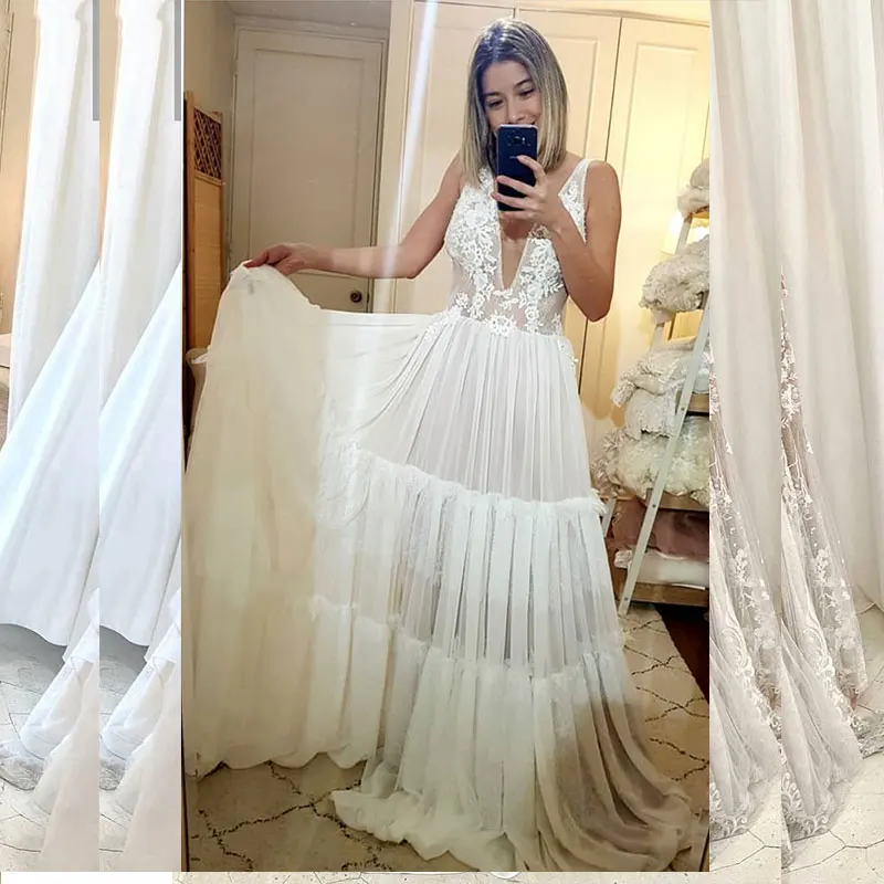 Robe de mariée en mousseline de soie, Style bohémien, Sexy, décolleté en v profond, ligne a, longueur au sol, dentelle, dos nu, sans manches, nouvelle collection 2021