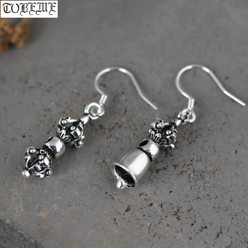 100% 925 Silver Tibetan Earrings 925 Sterling Tibetan Dorje Bell Earrings Buddhist Vajra Earrings