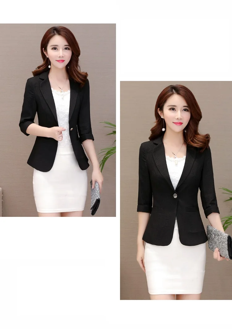 Elegant Women's Stripe 3/4 Sleeve Suit Jacket 2026 Spring Summer Thin Slim Outwear Single Button Female Office Blazer Coat Tops