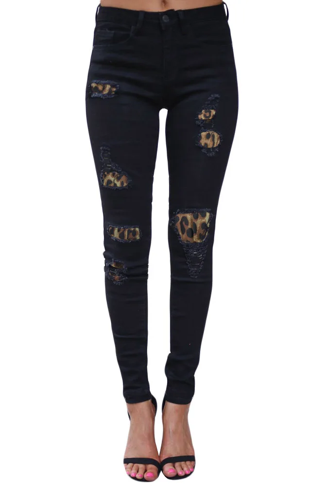 Vendita calda jeans Skinny per donna moda strappata stampa leopardata pantaloni a matita in denim pantaloni elastici Slim abbigliamento di alta qualità