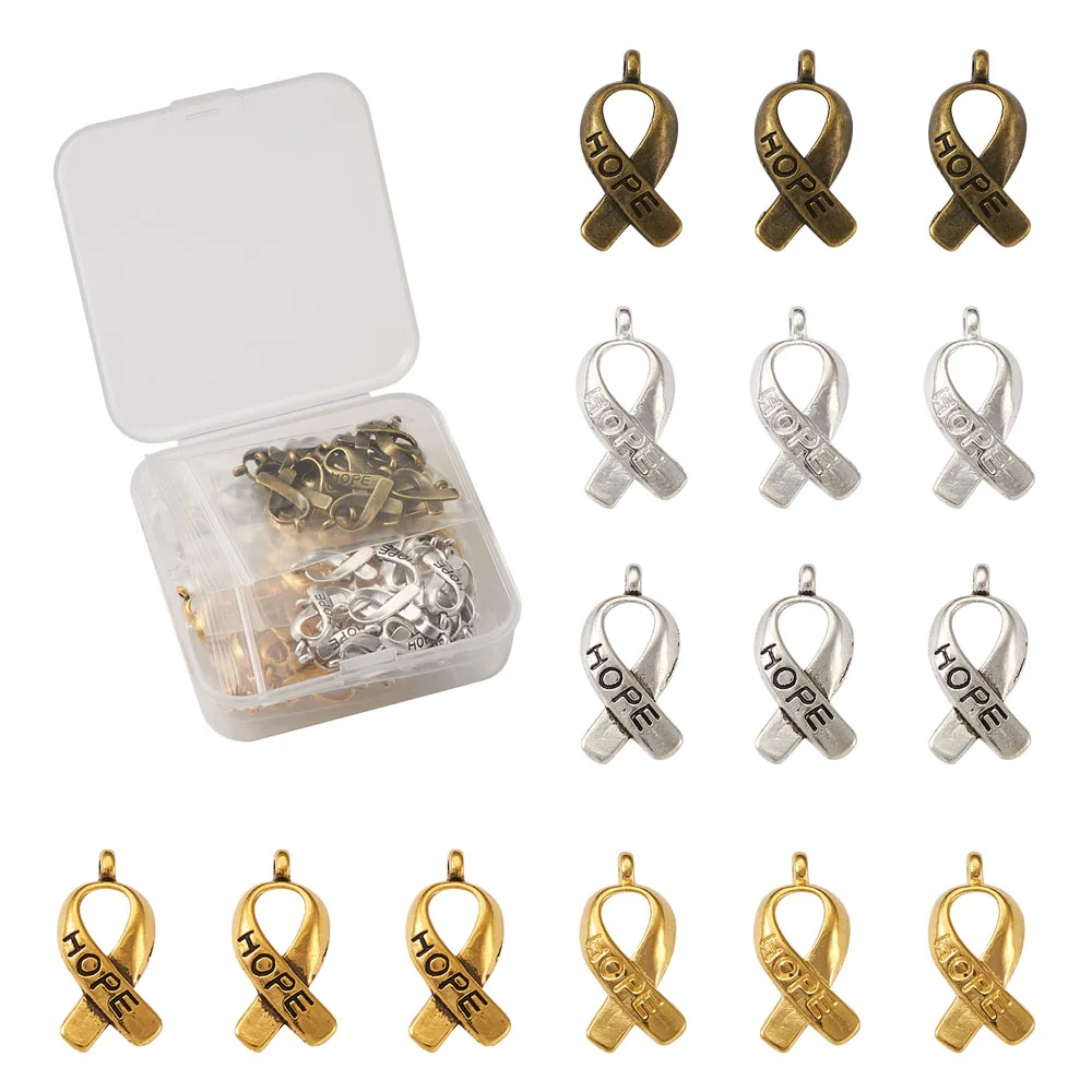 

100pcs/Set Tibetan Style Alloy Hope Breast Cancer Awareness Ribbon Charms Message Pendants For DIY Jewelry Making Accessories