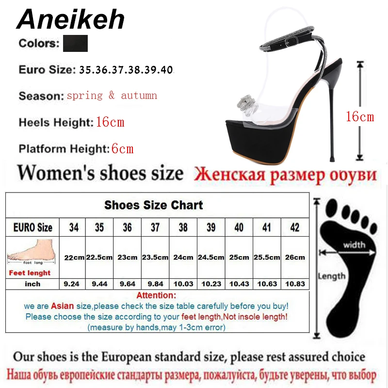 Aneikeh Shoes For Women 2024 Sweet Butterfly-Knot Bordered Bling Crystal Patchwork High Heels Sandals PVC NEW Summer 34-40 Black