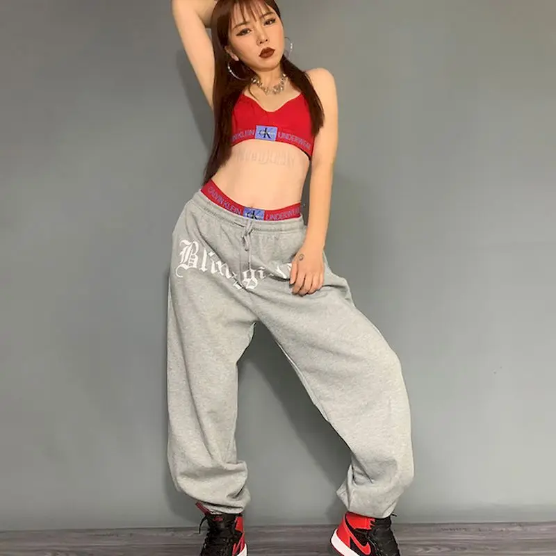 2024 Spring Summer New Women\'s Pants Gray Casual Sports Pants Hip-hop Gray Beam Guard Trousers Loose Hip-hop Trousers Printing