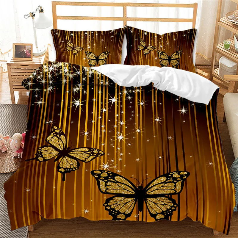 Golden Glowing Butterflies Bedding Sets 3D luxury Colorful Duvet Cover Bedding Set Flying Butterfly Bed linen Bedclothes