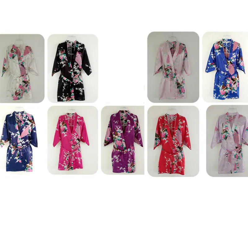 Wholesale Women Kimono Robe Satin Floral Peacock Bathrobe Short  Bridal Sleepwear For Wedding Party Birthday T14