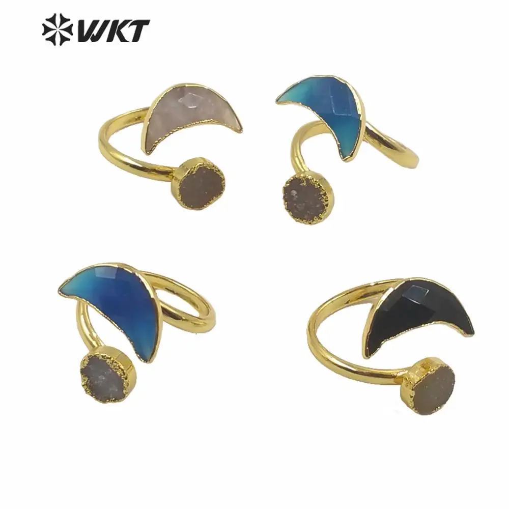 WT-R357 Amazing Double Stones Cocktails Ring Natural Druzy A gate Crescent Women Jewelry Rings adjustable Size