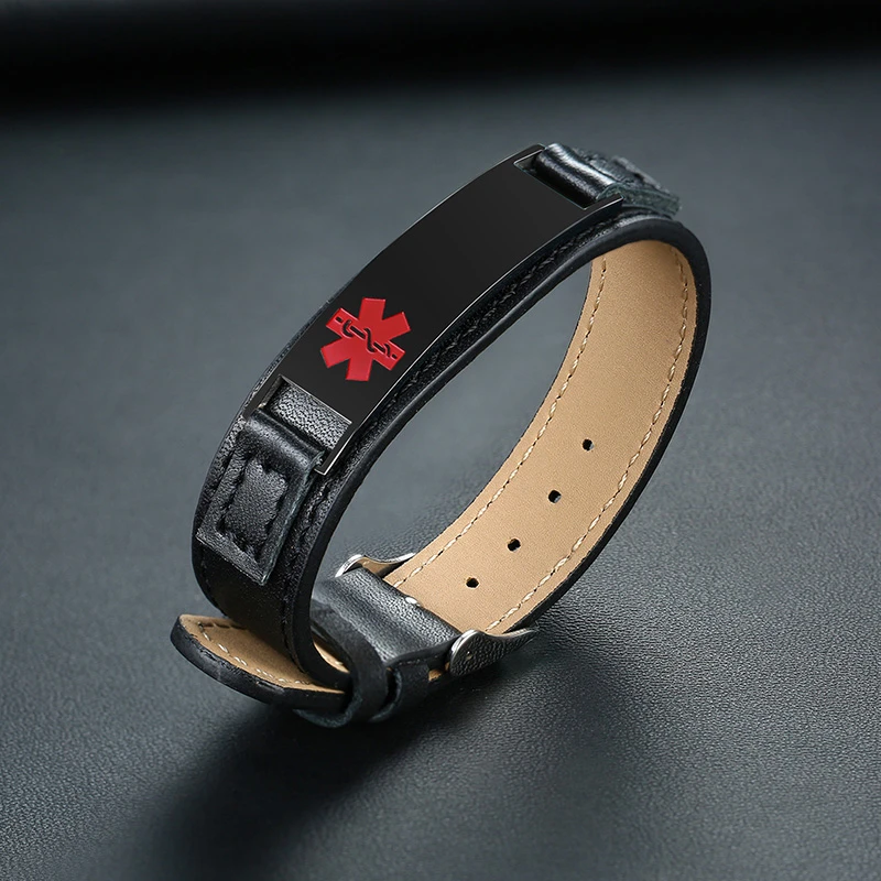 Personalized Leather Medical Alert ID Bracelets Men Women Free Custom DIABETES Allergy Emergency Remind Wristband Jewelry