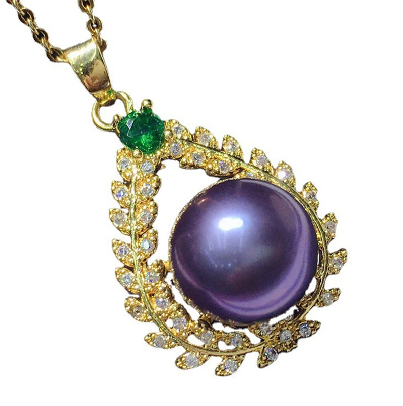 HABITOO Stunning Natural 10-11mm Purple Perfect Round Pearl Pendant 18k Filled Gold Chain CZ Necklace for Women Fashion Jewelry