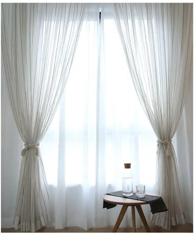 Vertical stripe screen curtain sheer bearded tulle drapes white curtains custom to size